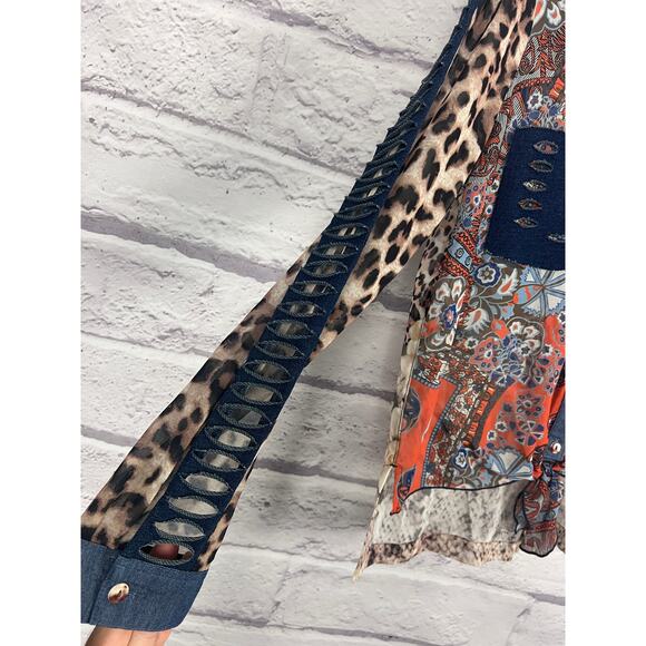 John Mark Womens S Maximalist Artsy Boho Western Distressed Button Down Shirt - Picture 5 of 12